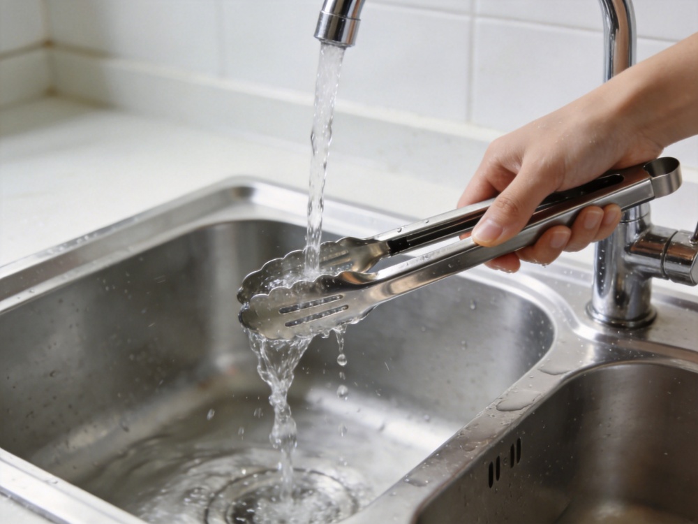 Cleaning stainless steel cooking tongs under running water in a modern kitchen sink.