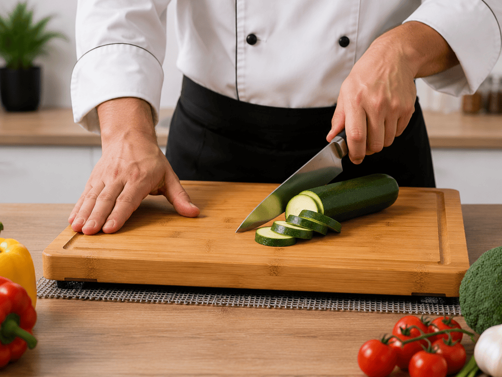 Chef stabilizing a cutting board before chopping vegetables