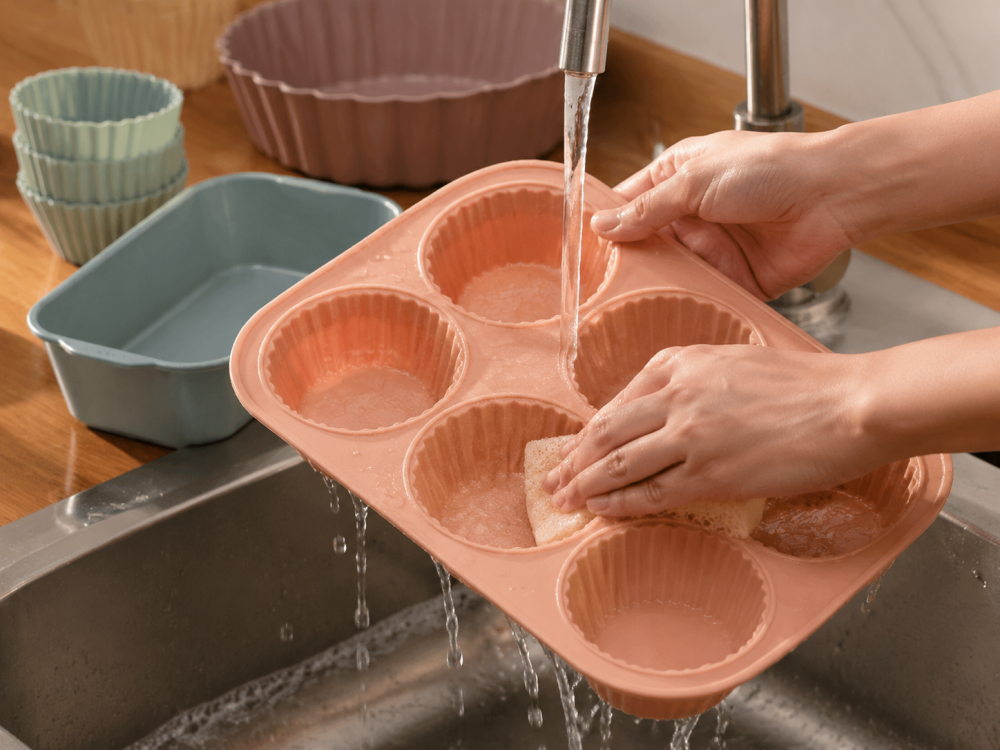 Cleaning food-grade silicone baking molds under warm running water after baking.