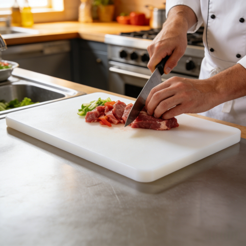 Chef preparing vegetables on an HDPE cutting board in a professional commercial kitchen