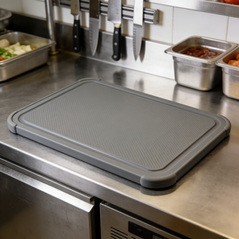 Professional rubber cutting board used in commercial kitchen with chef knife and fresh vegetables for food preparation