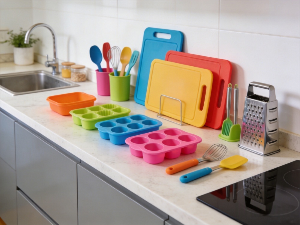 Food grade plastic kitchen products including PP cutting boards, silicone utensils, and BPA-free kitchen gadgets