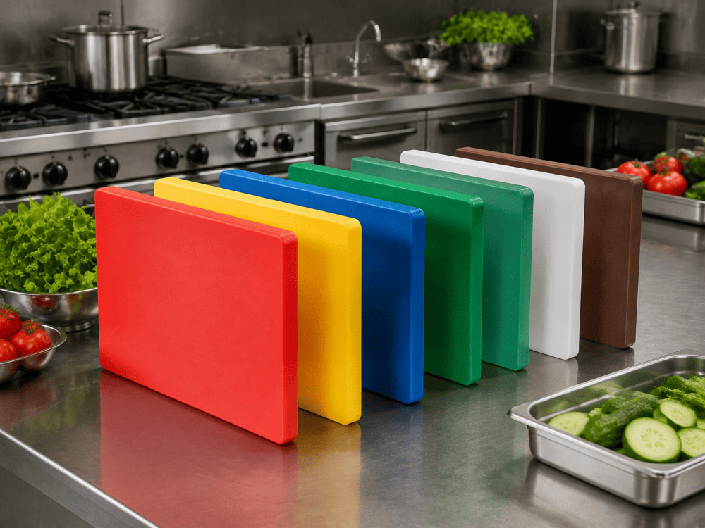 Color coded cutting boards for commercial kitchen food preparation
