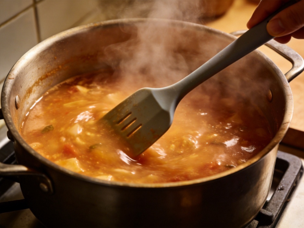 Heat resistant silicone cooking utensil used in hot soup preparation