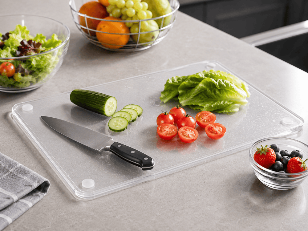 clear plastic cutting board preparing vegetables and fruit