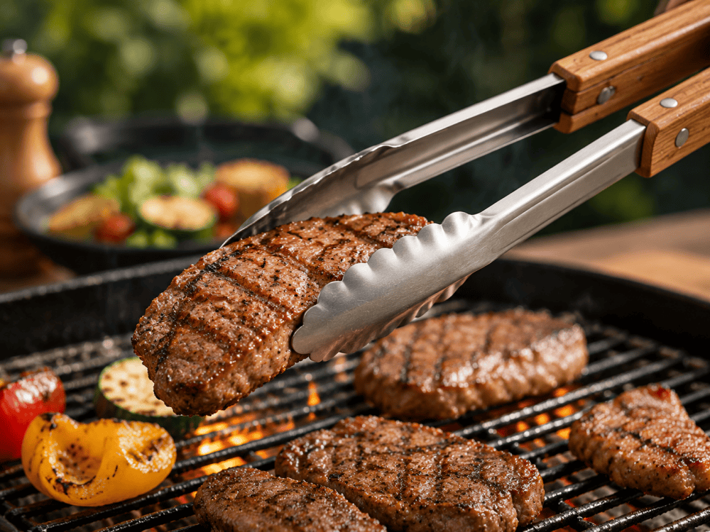 wooden handle BBQ tongs holding grilled meat