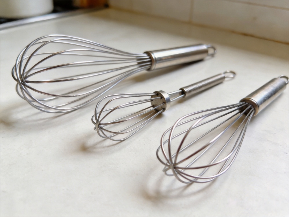 Various stainless steel whisks including balloon whisk, mini whisk and dough whisk arranged on a kitchen countertop.