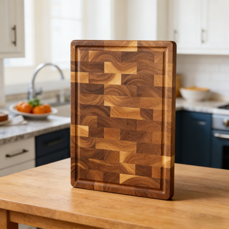 Professional chef slicing vegetables on an end grain cutting board in a modern kitchen
