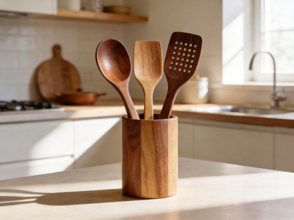Premium wooden kitchen utensil set made from acacia and teak wood displayed in a modern kitchen
