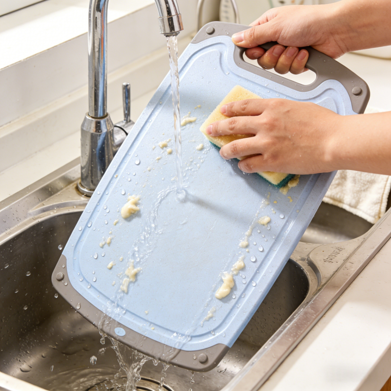 How to disinfect a plastic cutting board using hot water and a cleaning brush