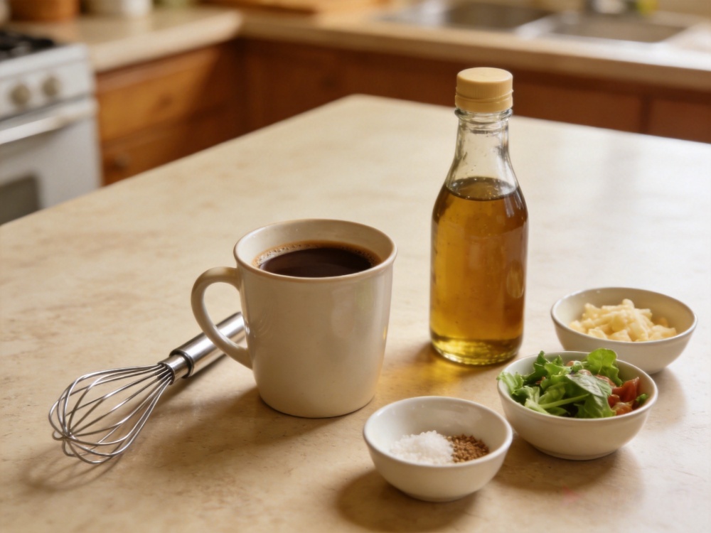 Stainless steel mini whisk beside coffee, dressing and small prep bowls.