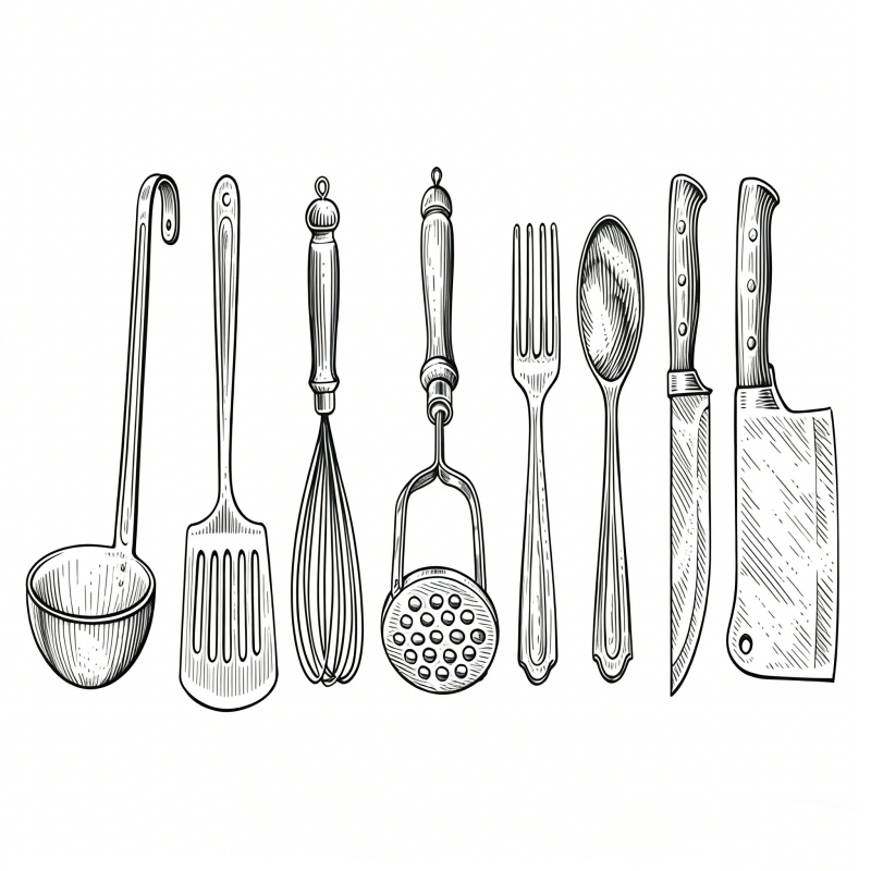 Vintage kitchen utensils line art illustration: retro cooking tools (ladle, spatula, whisk, masher, cutlery) in hand-drawn style, highlighting timeless function, rustic aesthetic, and classic farmhouse kitchen style for a nostalgic culinary aesthetic.