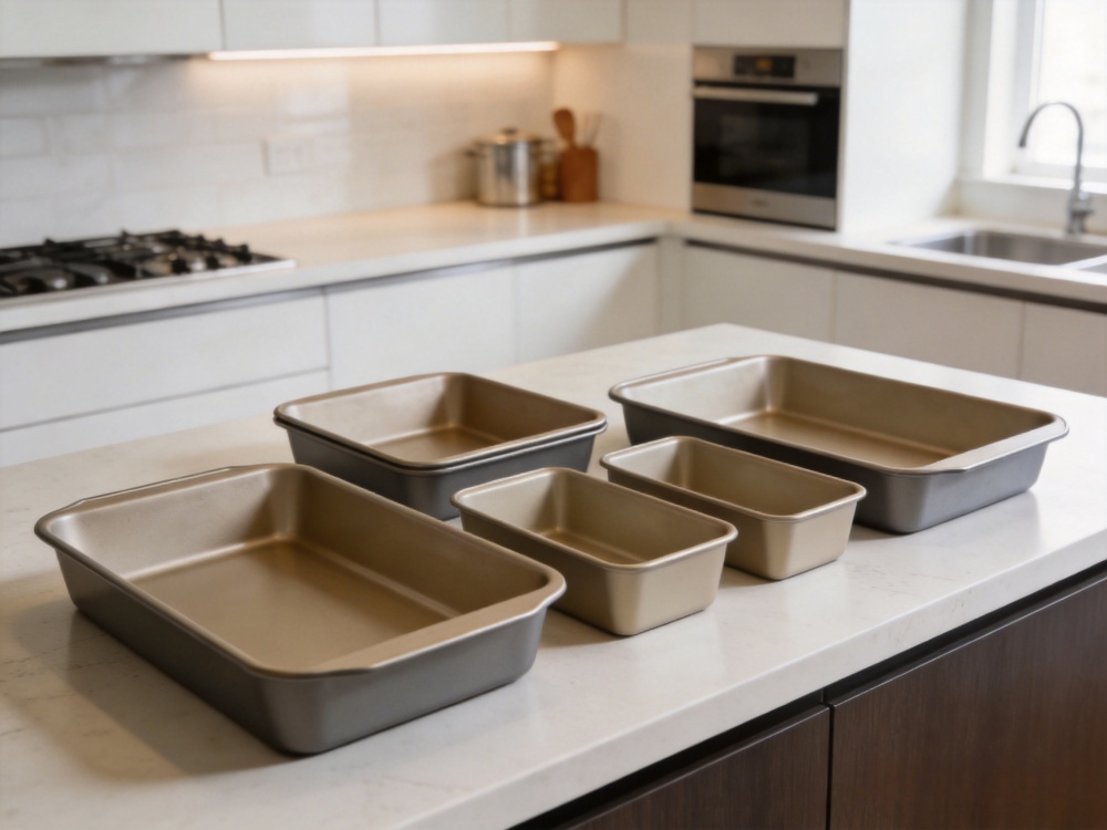 Various rectangular baking pans in different sizes displayed on a modern kitchen countertop.