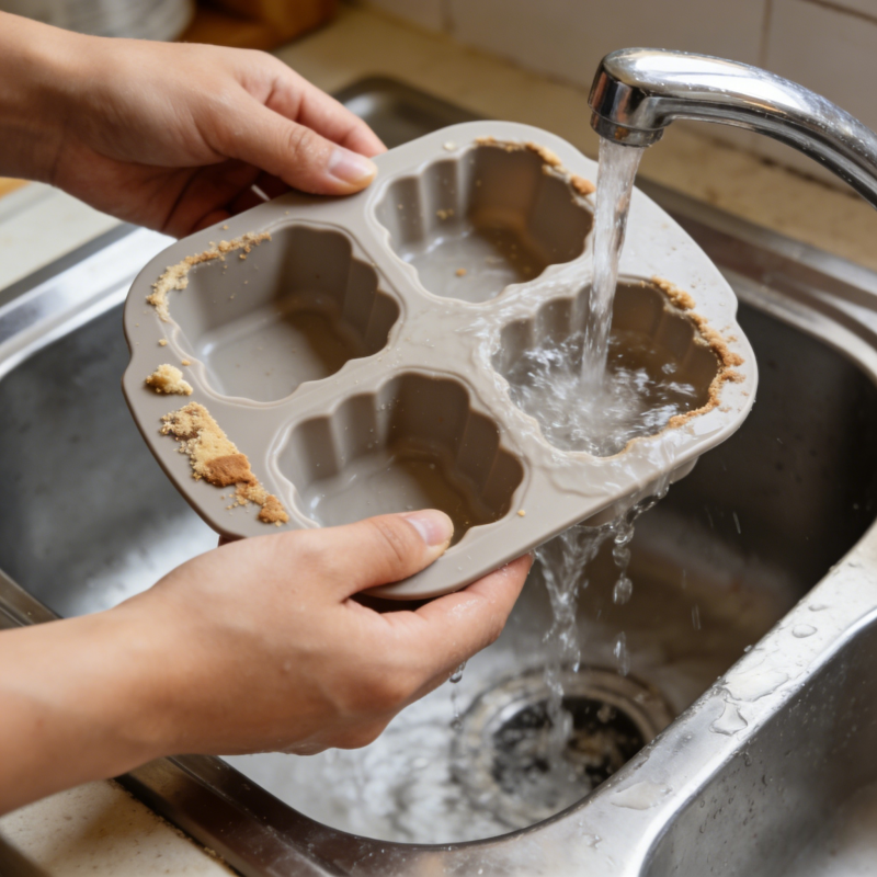 Rinsing a dirty silicone baking mold under warm running water in a kitchen sink