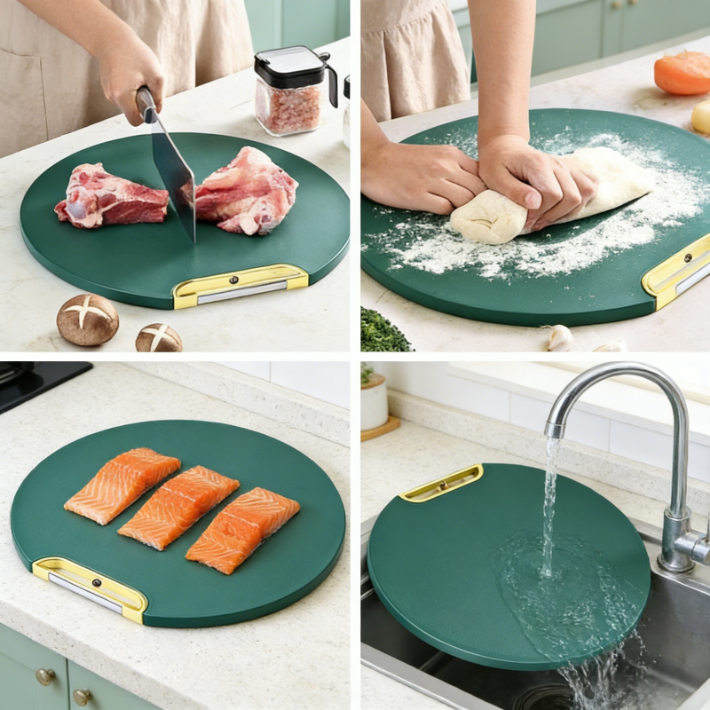 Commercial kitchen staff using color-coded HDPE chopping boards