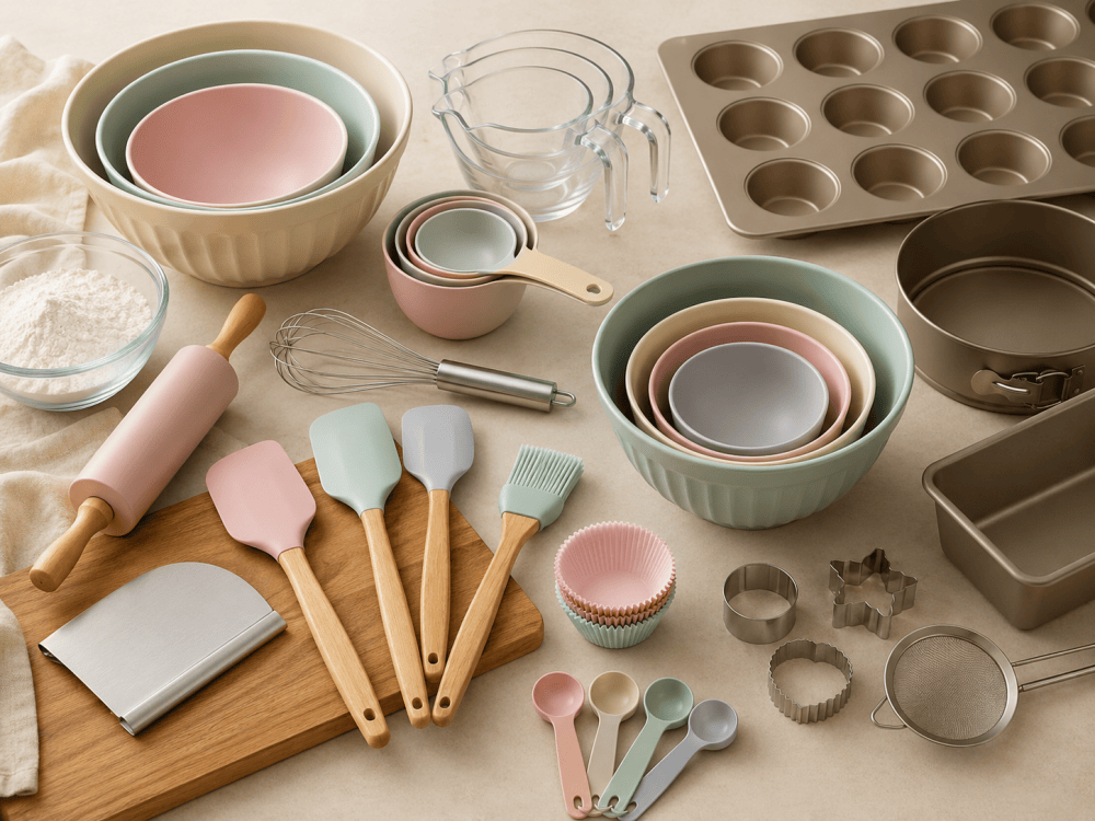 Must have kitchen utensils for baking including measuring cups, silicone spatulas, whisk, rolling pin, mixing bowls, baking molds and baking tools