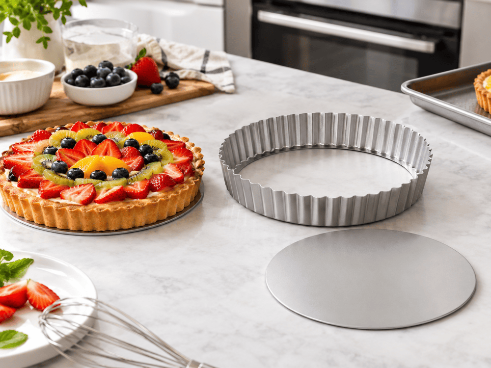 Tart pan with removable bottom and fluted sides