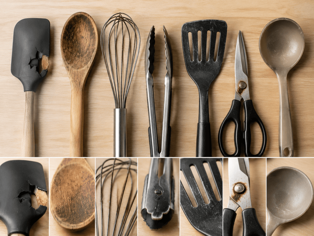 signs when to replace kitchen utensils including damaged silicone spatula and worn kitchen tools
