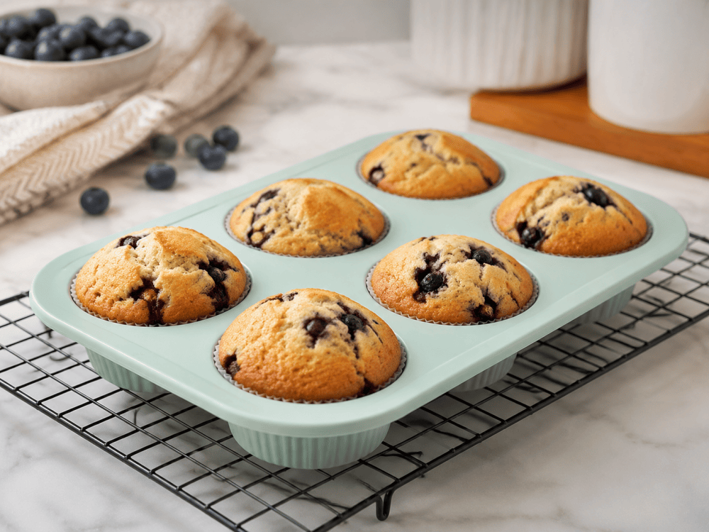 Food-grade silicone muffin pan with freshly baked muffins on a cooling rack