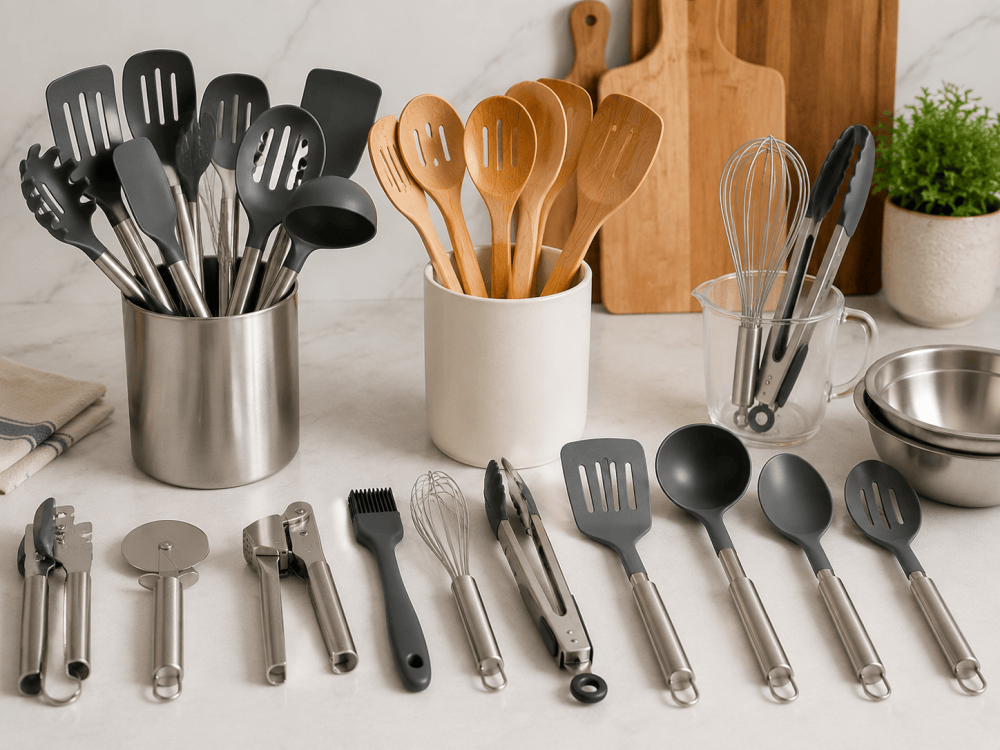 Complete kitchen utensil set including spatulas, ladles, tongs, whisk, serving spoons and cooking tools