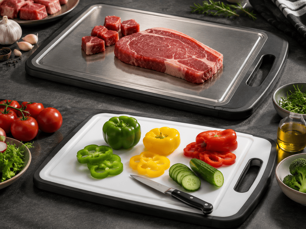 Double sided cutting board with stainless steel side for raw meat and plastic side for vegetables