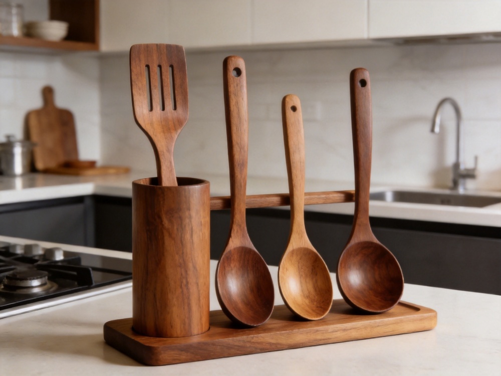 Teak wood kitchen utensils set including spatulas, spoons and ladles displayed on a modern kitchencountertop with natural wood texture and warm brown finish.