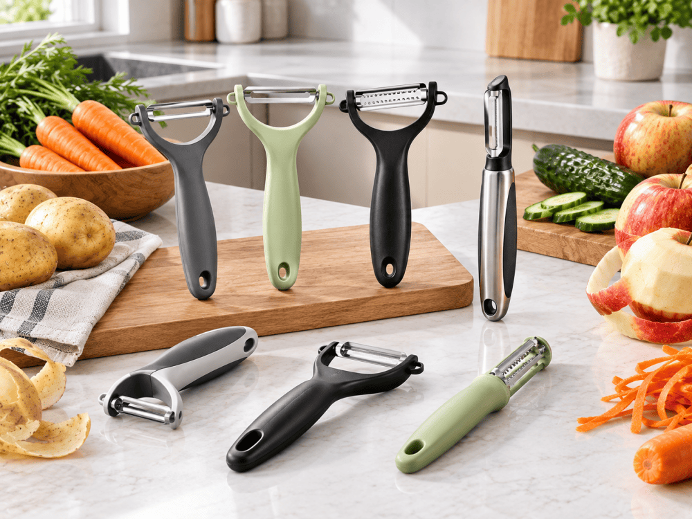A premium kitchen scene featuring a variety of vegetable peelers