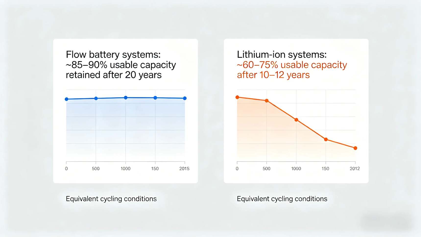 Flow battery systems retain ~85–90% usable capacity after 20 years, while lithium-ion systems typically decline to ~60–75% after 10–12 years under equivalent cycling conditions.