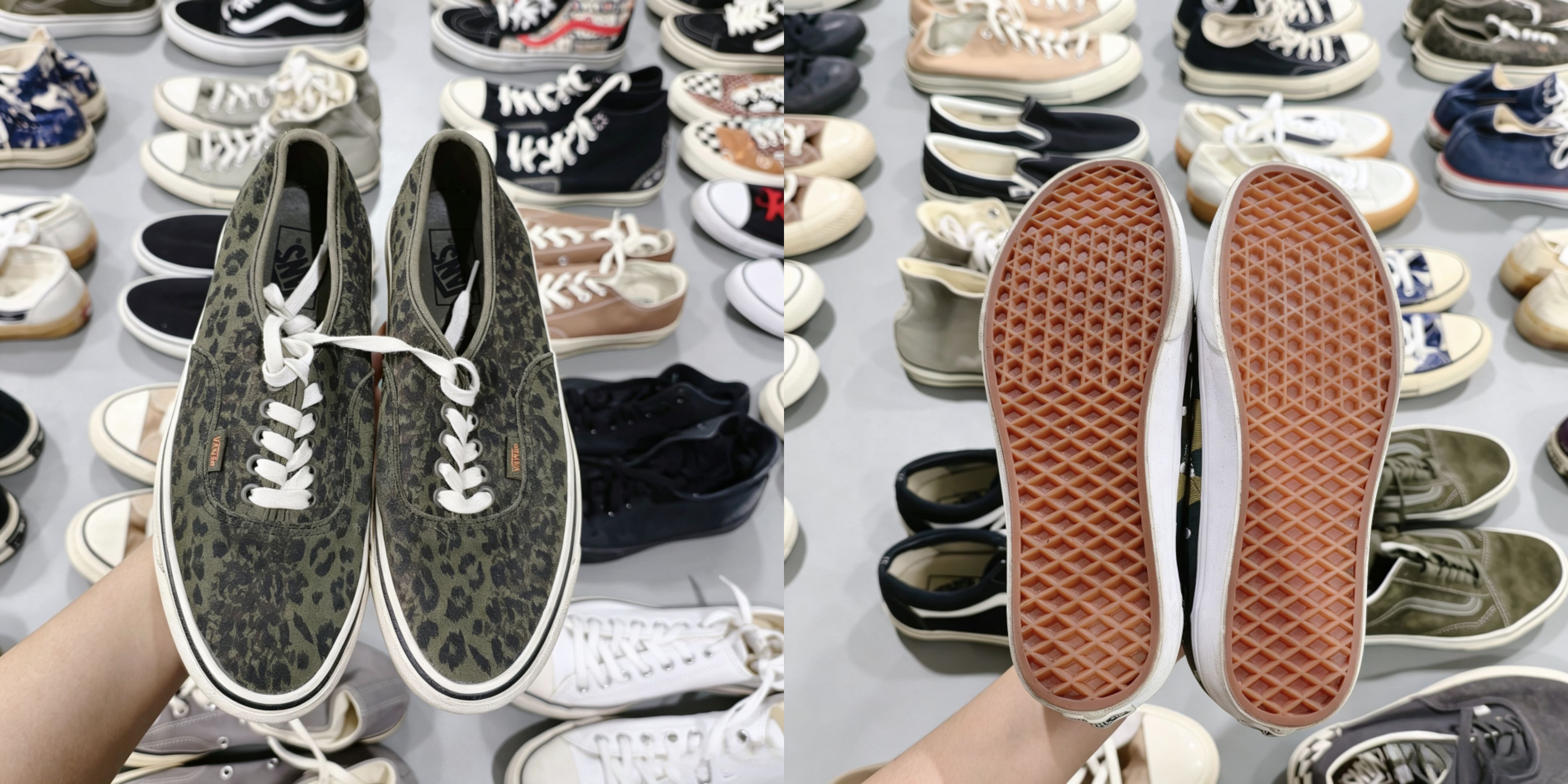 Quality inspector checking rubber toe-cap and sole condition of used canvas shoes