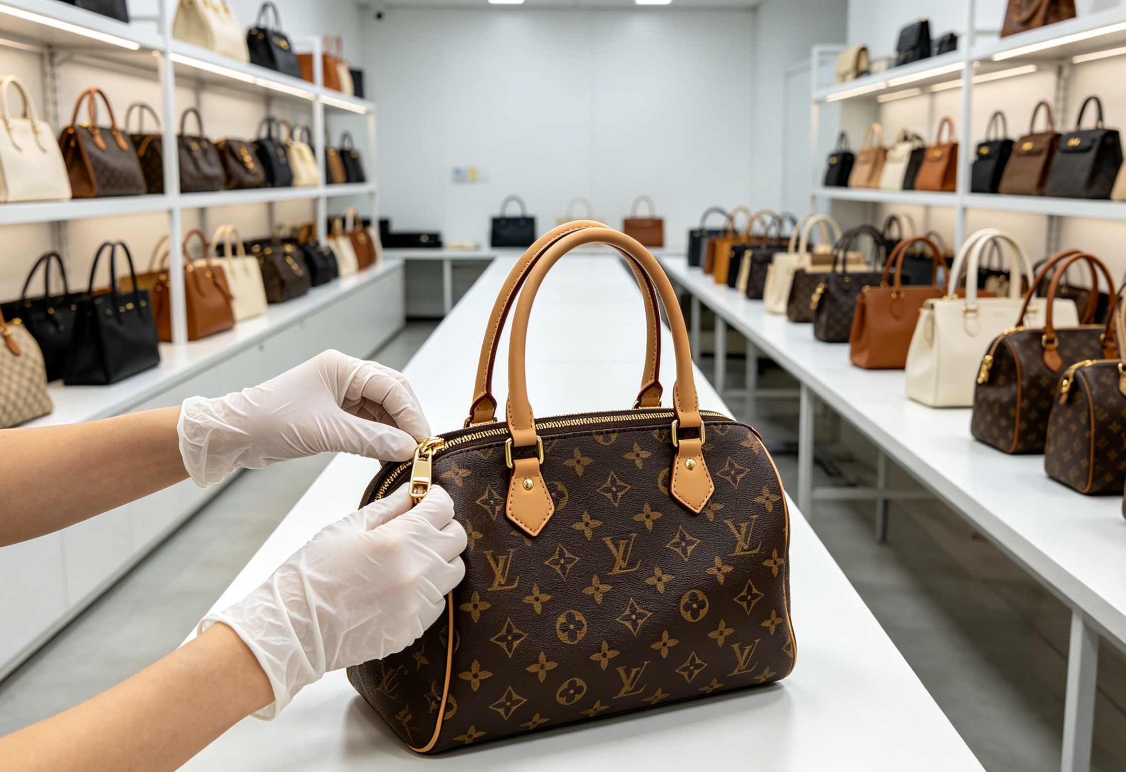 Strict zipper and hardware testing at Guangzhou Tengchao used bag factory.