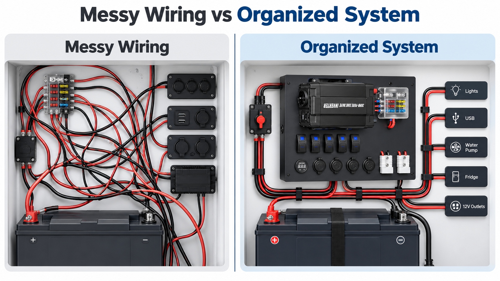 power distribution panel and boat switch panel for organized marine wiring
