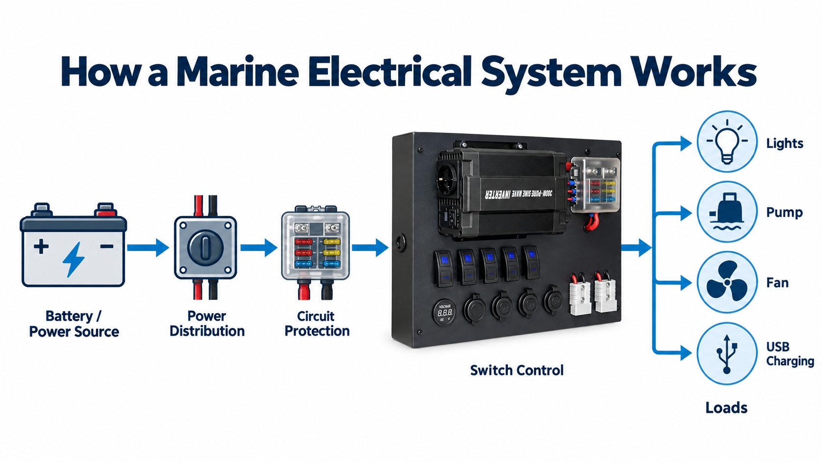 marine electrical system with boat fuse panel power distribution panel and switch control
