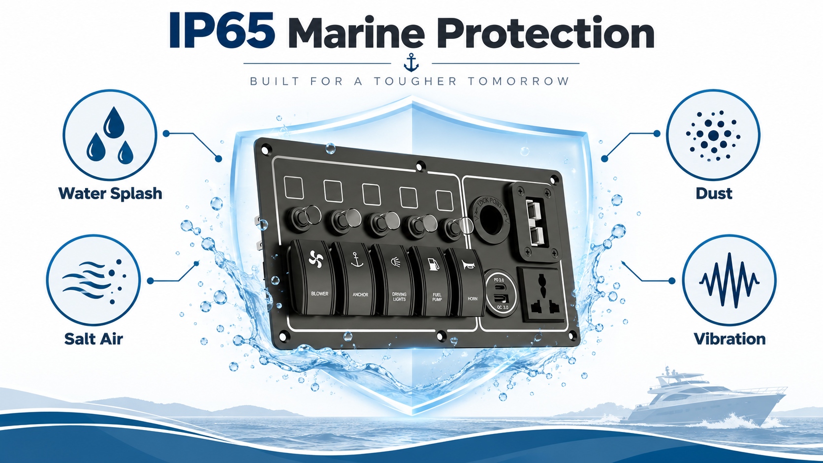 IP65 marine switch panel protection against water splash, salt air, dust and vibration