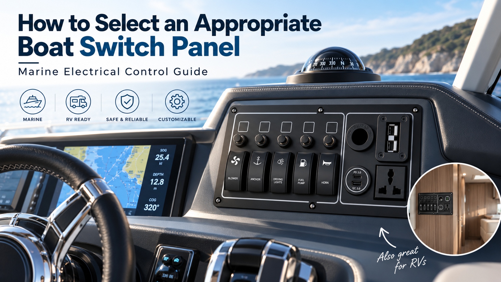 Boat switch panel with rocker switches, USB charging and voltmeter installed in a marine electrical control system