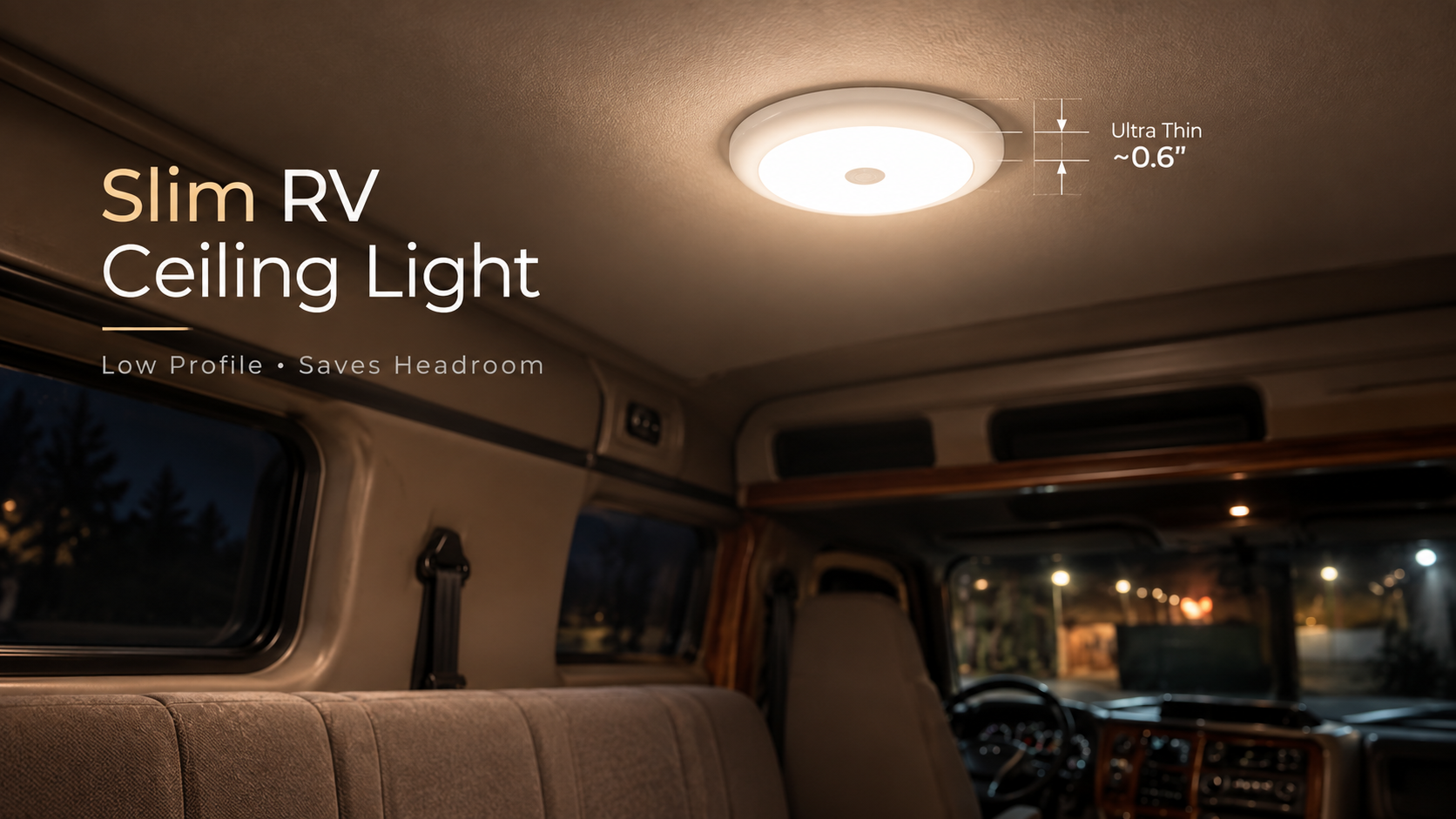 Slim RV ceiling light for small RV interior with low-profile design