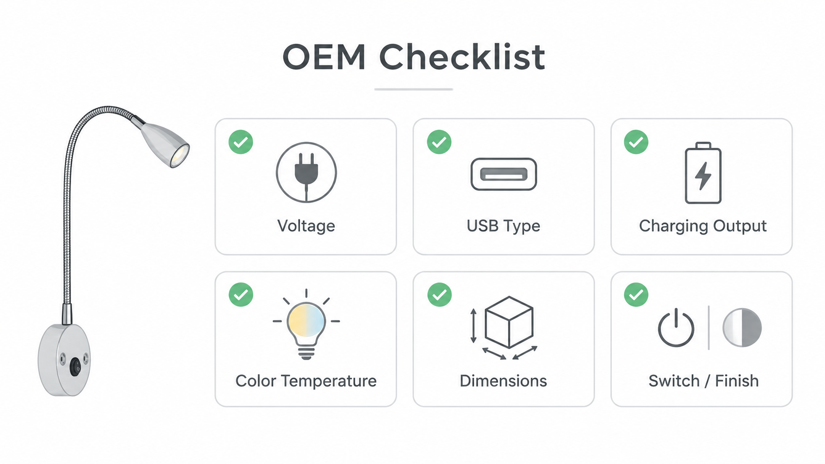12V reading light OEM checklist for voltage USB charging dimensions and switch