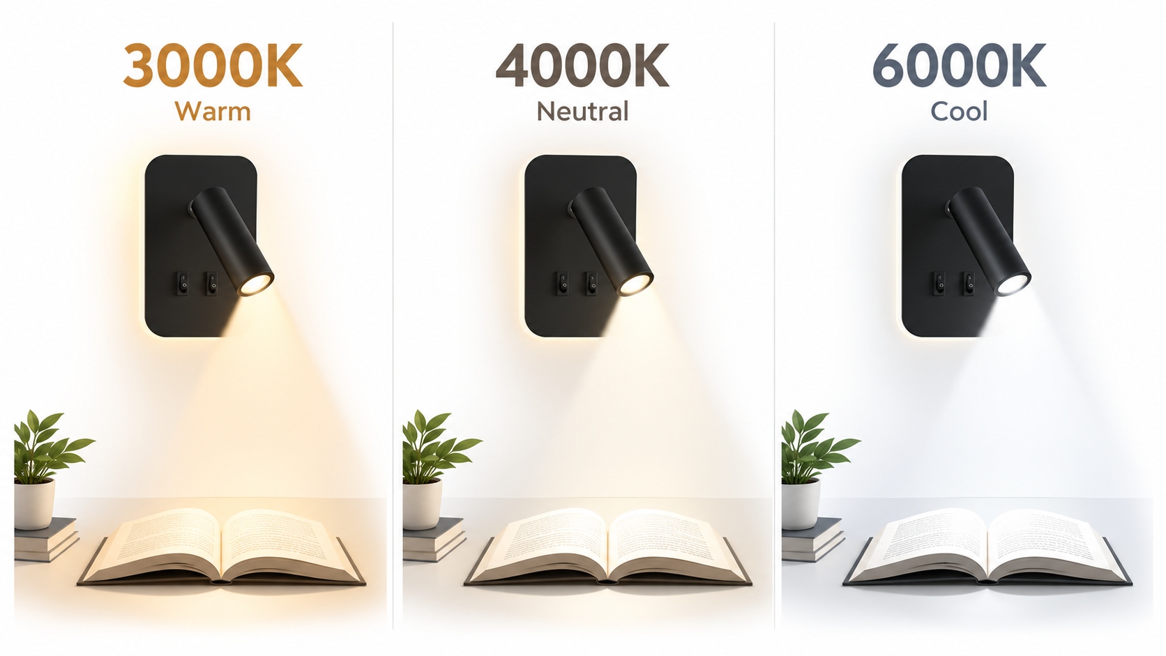 wall mounted reading light color temperature comparison 3000K 4000K 6000K