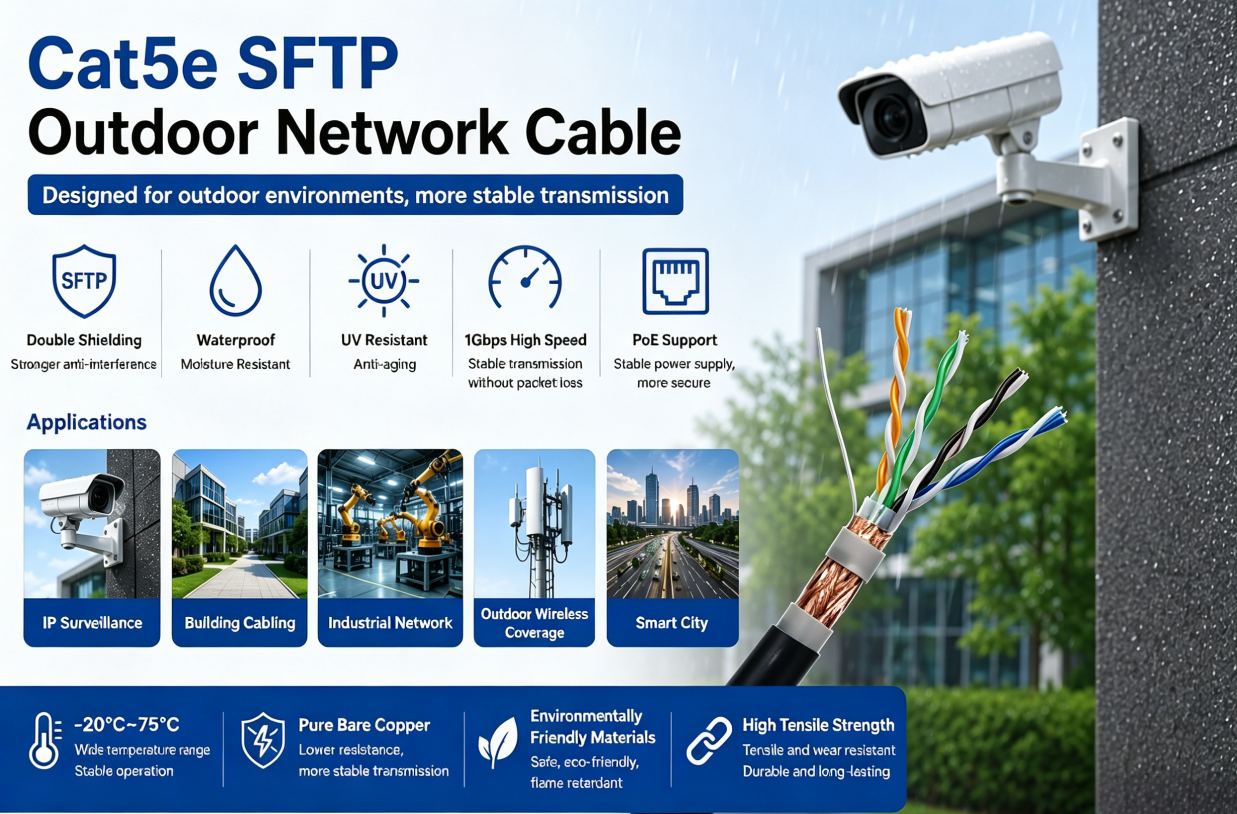 Cat5e SFTP Outdoor Network Cable for outdoor surveillance, industrial networking, waterproof Ethernet cabling, and smart city infrastructure applications