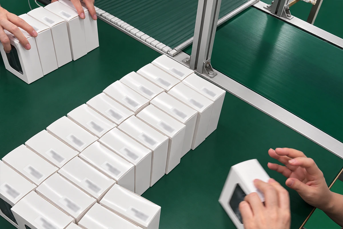 Individually packed W2028 pager boxes arranged at the packing station