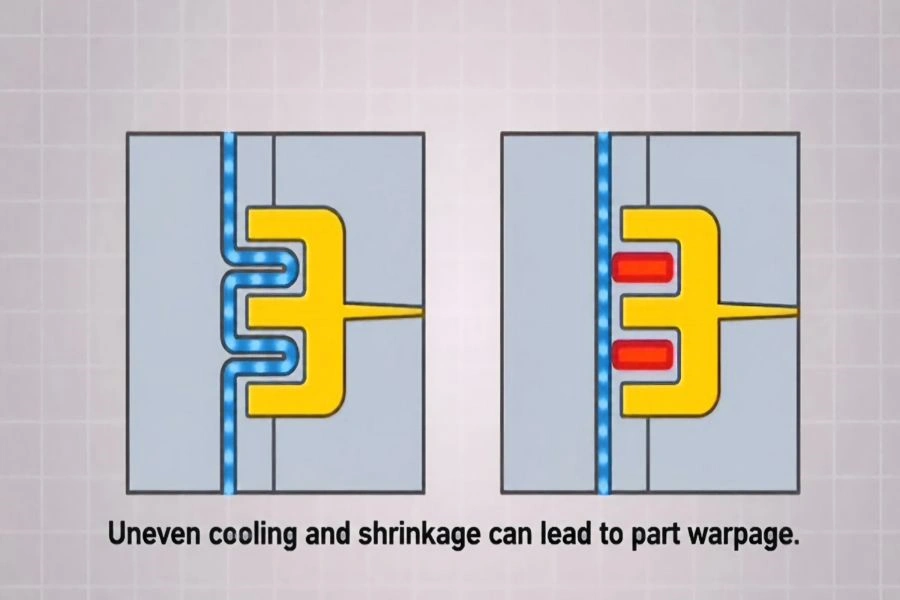 Warpage Caused by Cooling and Shrinkage Imbalance Diagram showing how cooling balance and shrinkage differences can cause warpage in injection molded parts