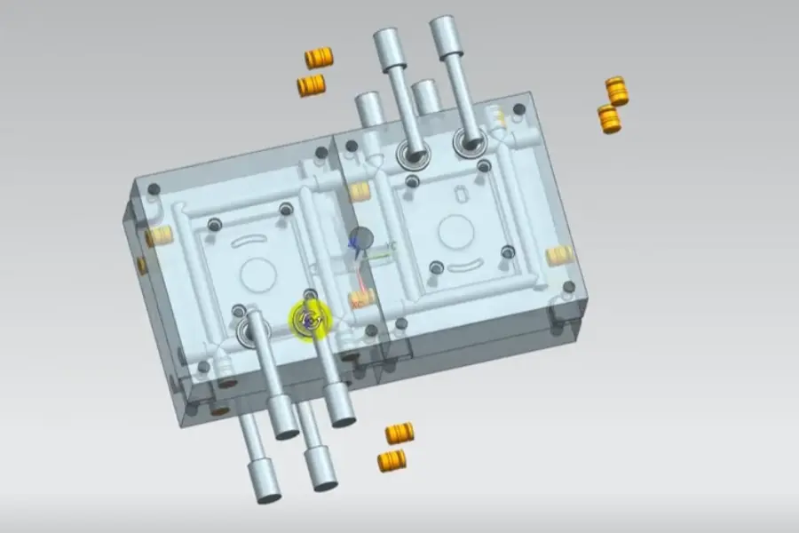 Injection Mold Cooling Channel Layout Transparent injection mold design showing cooling channels and water connections