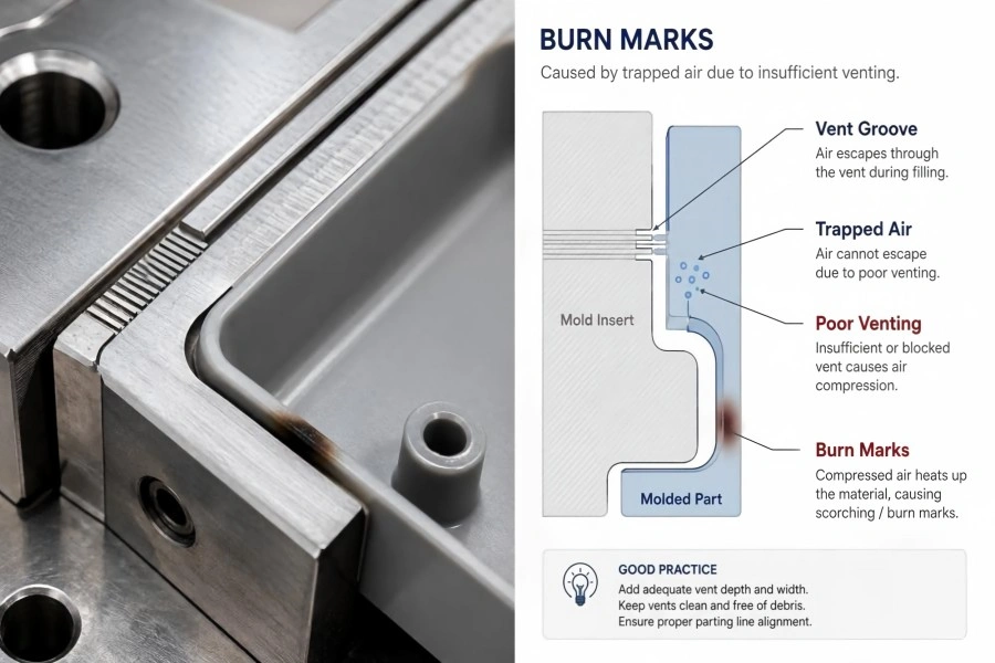 Injection Mold Venting and Burn Marks Injection mold venting design to prevent burn marks on plastic parts