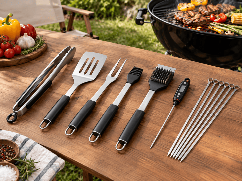 BBQ grill tool set with tongs spatula fork brush and skewers