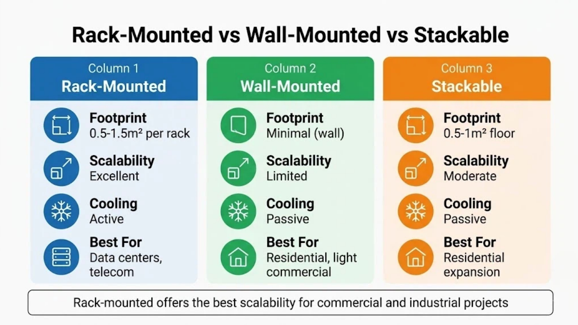 Rack-mounted vs wall-mounted vs stackable 48V lithium battery comparison – footprint, scalability, and cooling for B2B buyers