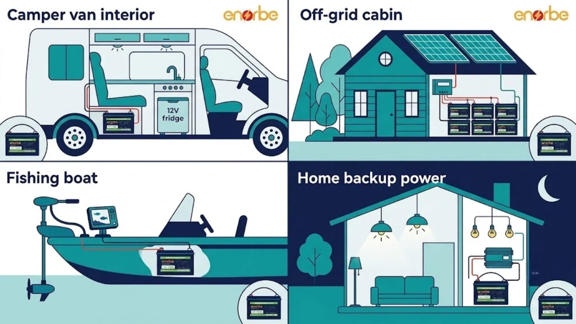 Four key applications of 12V 100Ah LiFePO4 deep cycle battery: camper van RV, off-grid solar cabin, fishing boat trolling motor, and home backup emergency power