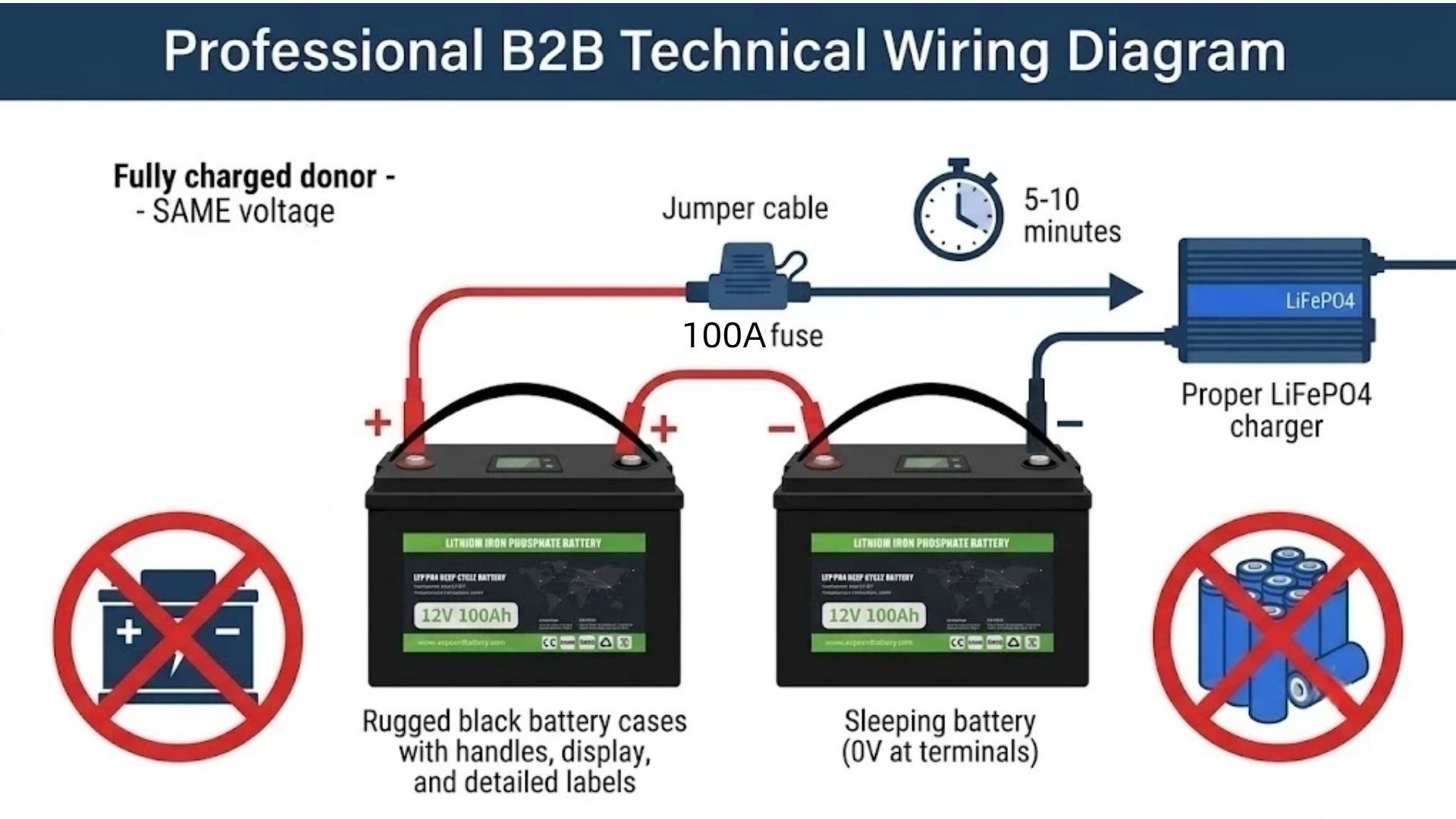 Safe LiFePO4 wake-up wiring: a fully charged same-voltage donor battery paralleled to the sleeping pack through a 10-15A fused jumper at the output terminals for 5-10 minutes