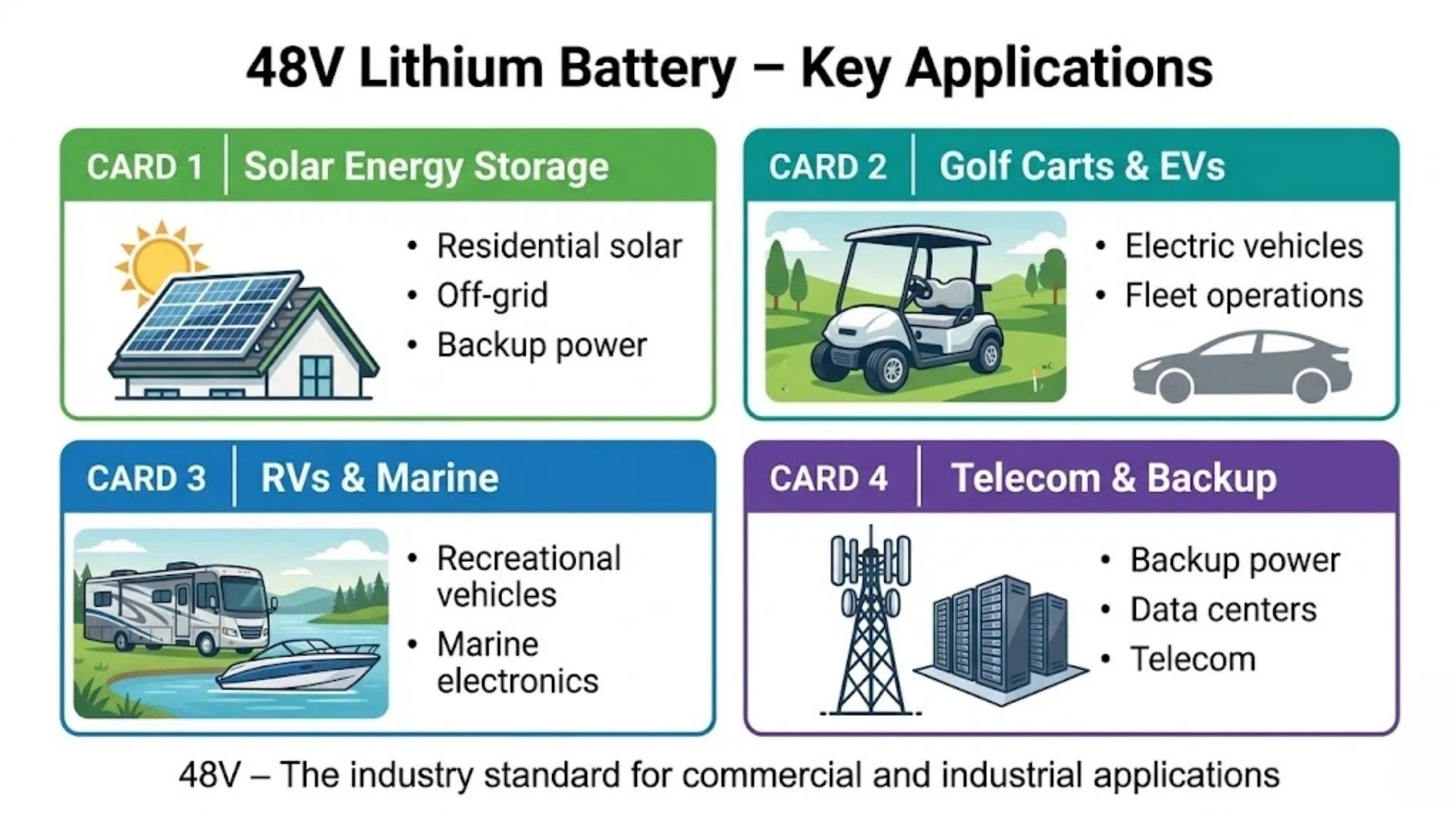 48V lithium battery applications solar golf cart RV marine telecom for B2B buyers