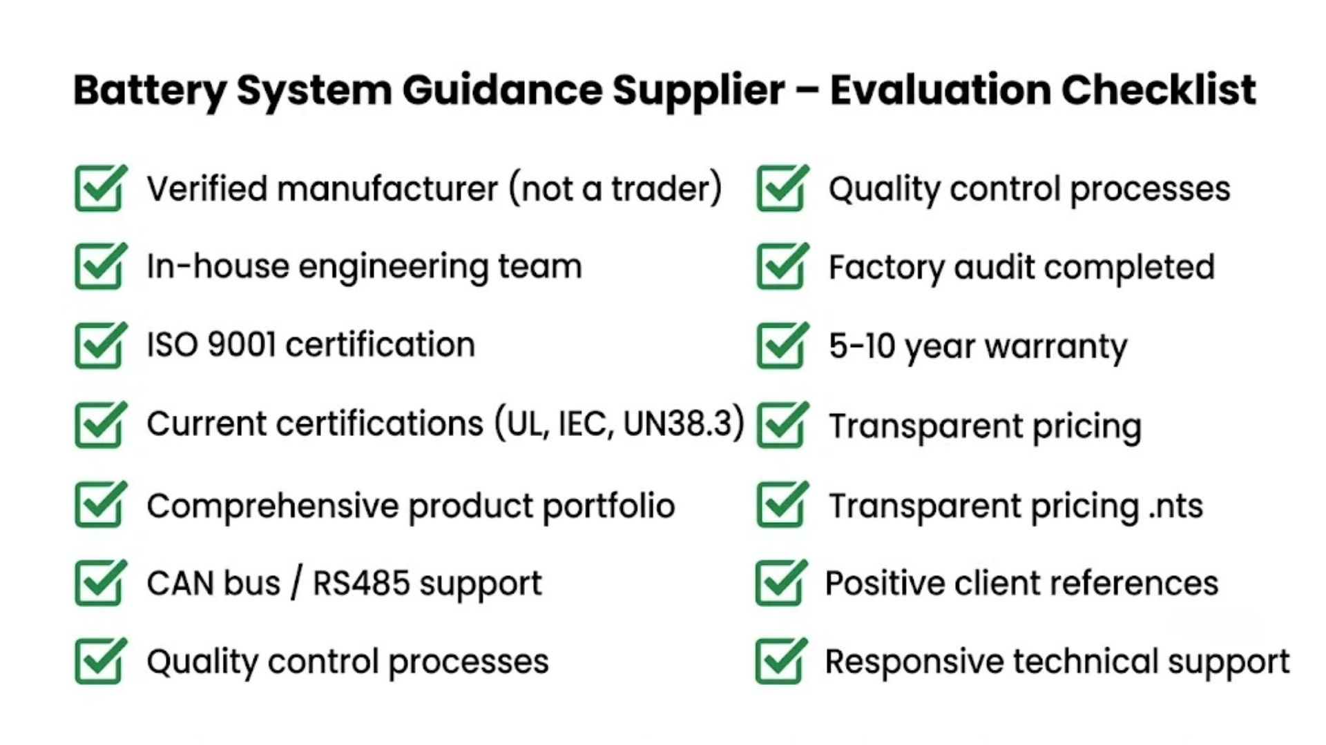 Battery system guidance supplier evaluation checklist for B2B buyers