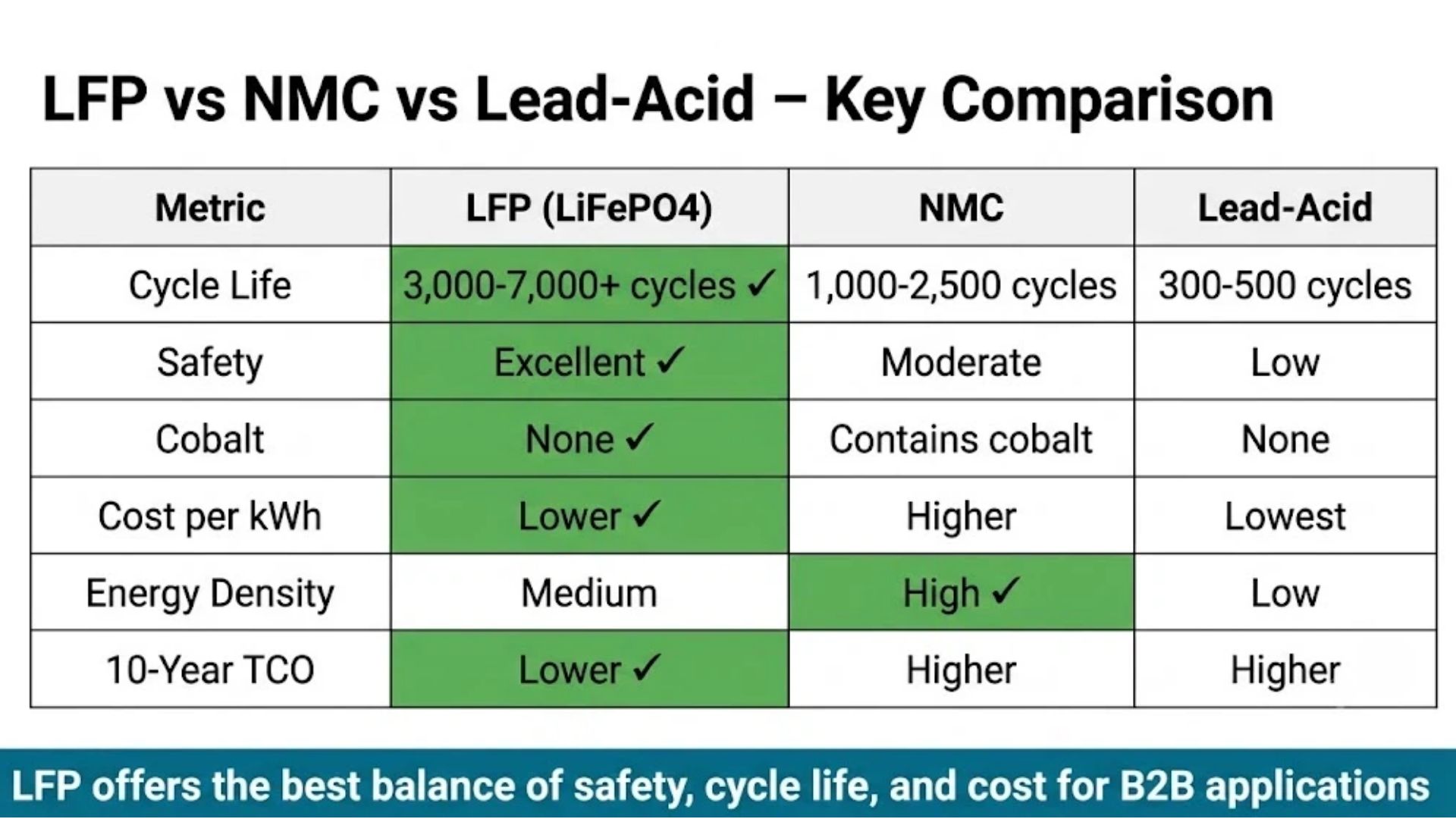 LFP vs NMC vs lead-acid battery comparison for B2B buyers