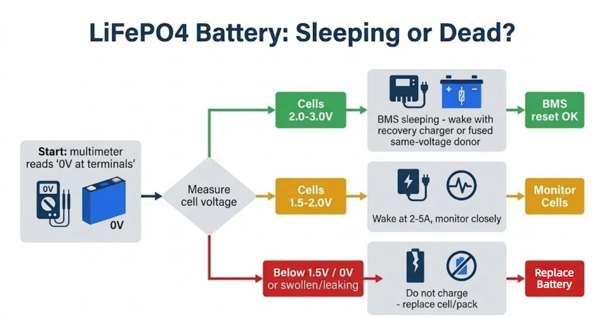 Decision flowchart for a 0V LiFePO4 battery: read per-cell voltage to distinguish BMS sleep (2.0-3.0V, recoverable) from a damaged cell below 1.5V that must be replaced